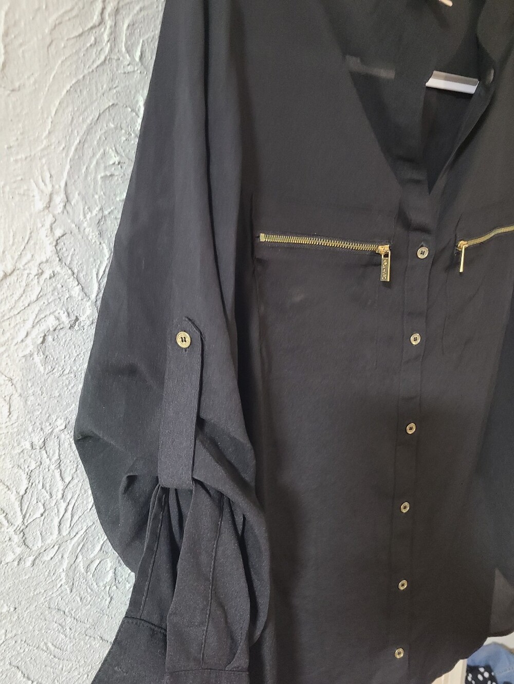 Calvin Klein Black roll-sleeve utility Button-Front Shirt Gold Zipper Accents - Picture 9 of 16